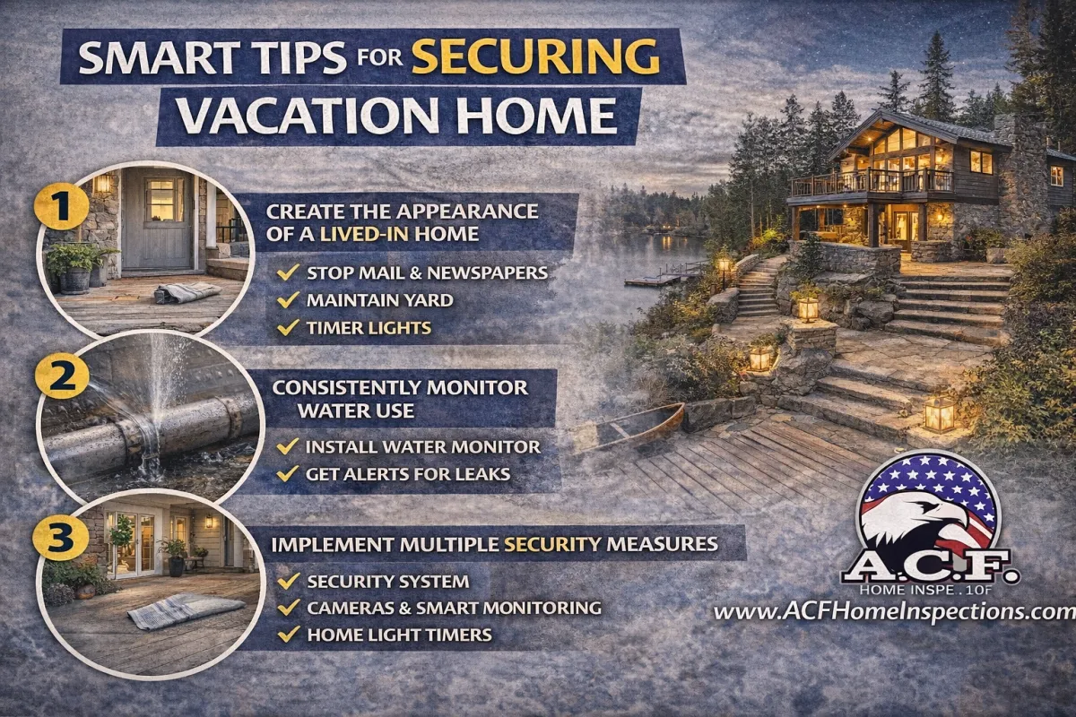 Infographic showing smart tips for securing a vacation home, including making the home appear lived-in, monitoring water use, and using security systems, with A.C.F. Home Inspections logo.
