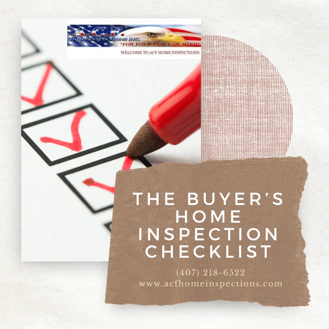 lose-up of a red marker checking boxes on a paper checklist, with a brown tag overlay that reads ‘The Buyer’s Home Inspection Checklist’ along with the A.C.F. Home Inspections logo