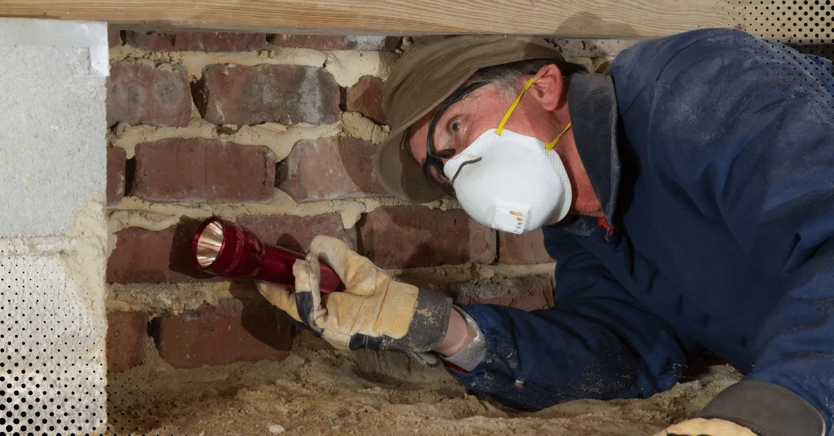 Home inspector examining foundation wall with flashlight and protective gear