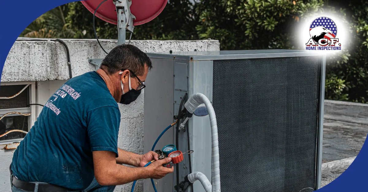 Home inspector checking outdoor air conditioning unit