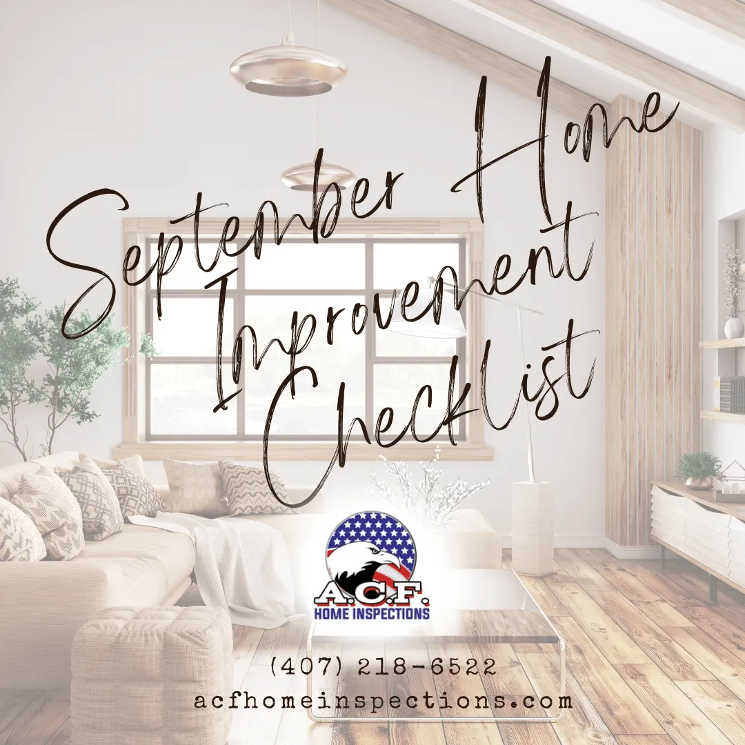 Cozy living room with neutral décor featuring text overlay that reads ‘September Home Improvement Checklist.’
