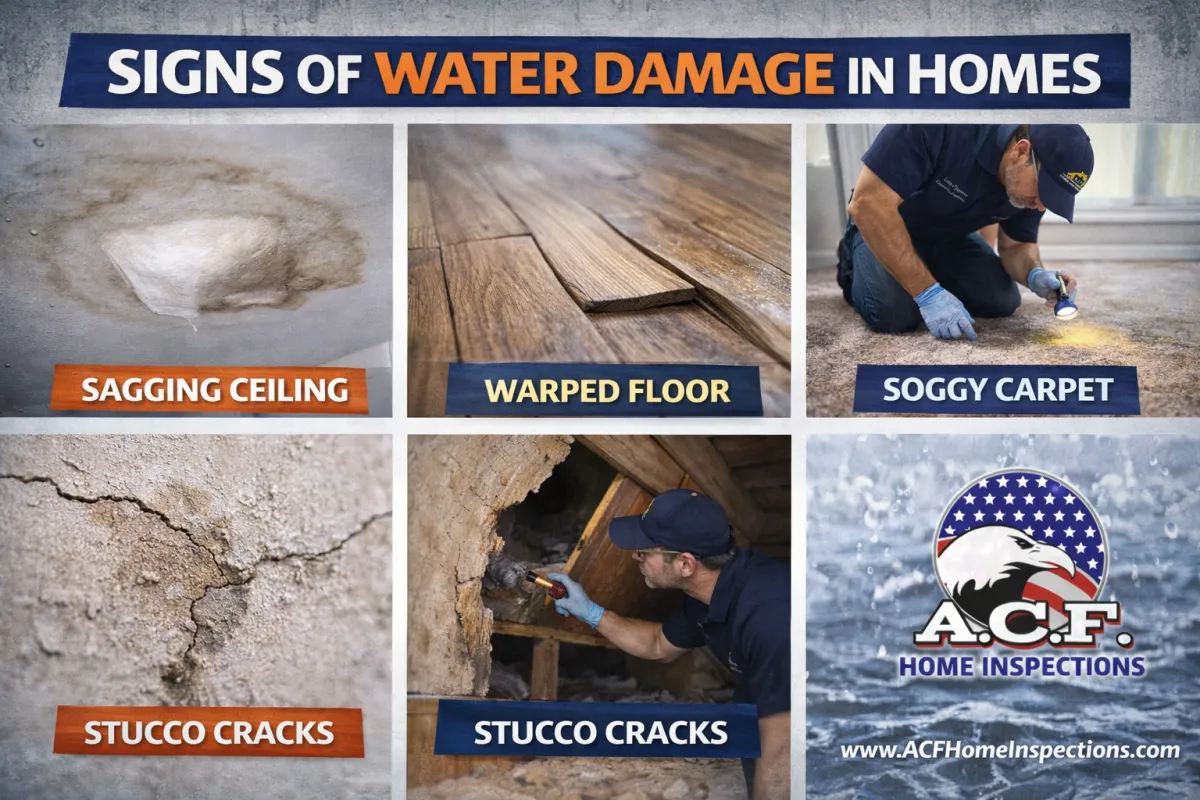 Infographic showing common signs of water damage in homes, including sagging ceilings, warped floors, soggy carpets, stucco cracks, and attic leaks, with A.C.F. Home Inspections logo.
