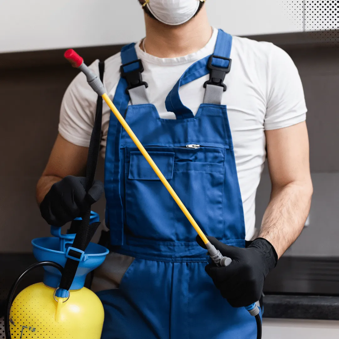 Pest control technician wearing protective gear and holding a sprayer for home pest treatment.