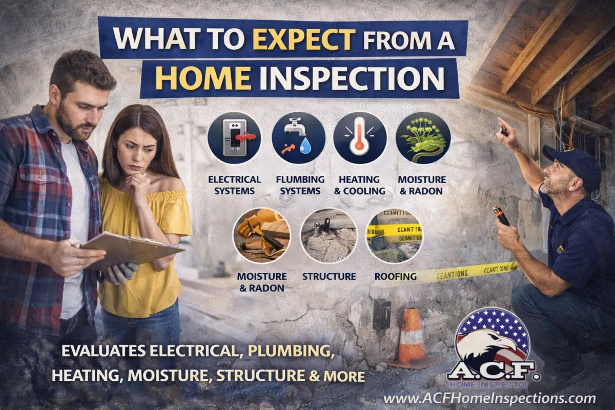 Infographic explaining what to expect from a home inspection, showing a home inspector evaluating structural areas while buyers review an inspection checklist, with A.C.F. Home Inspections logo.