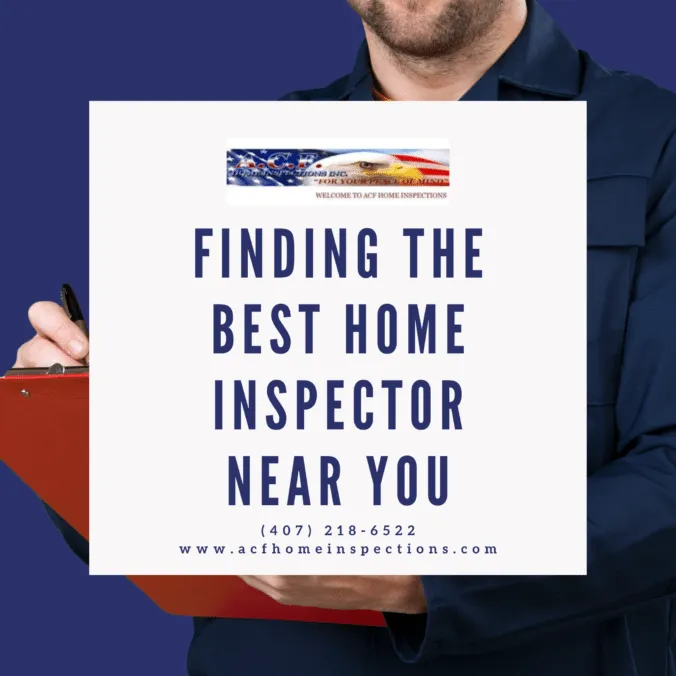 Man holding a clipboard with a sign that reads ‘Finding the Best Home Inspector Near You’ against a blue background.