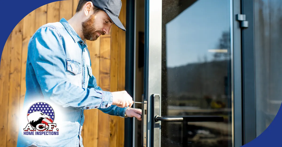 Technician adjusting modern exterior door lock with screwdriver.