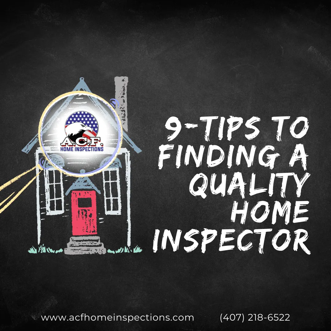 Chalkboard-style graphic showing a house drawing with text reading “9 Tips to Finding a Quality Home Inspector”