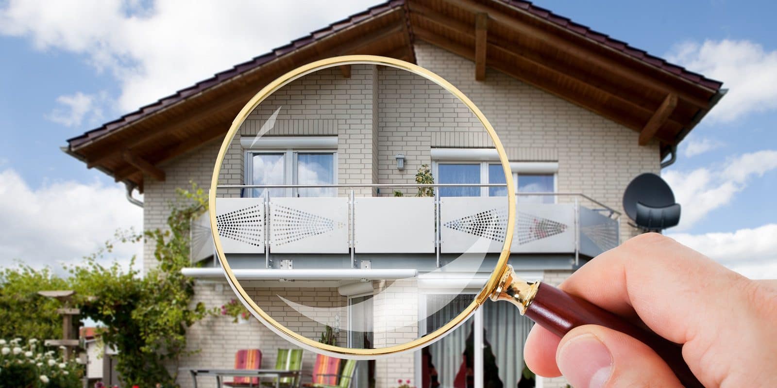 Magnifying glass inspecting a newly constructed home, highlighting the importance of new-build inspections