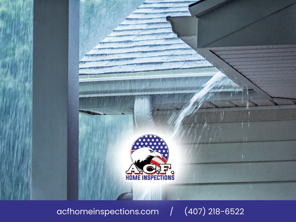 Rainwater pouring off a roof near a window, highlighting drainage during a storm.