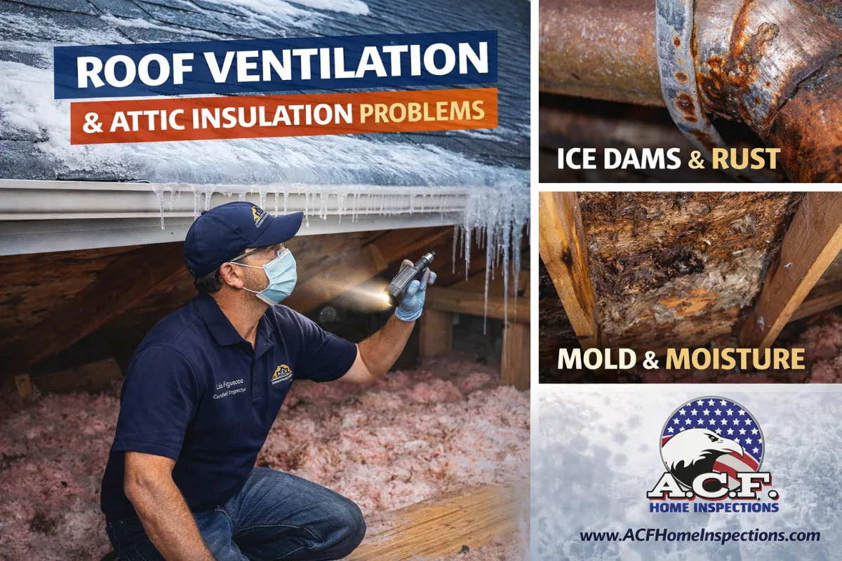 Home inspector examining attic insulation and roof ventilation issues, including moisture damage and ice dams, with A.C.F. Home Inspections logo.