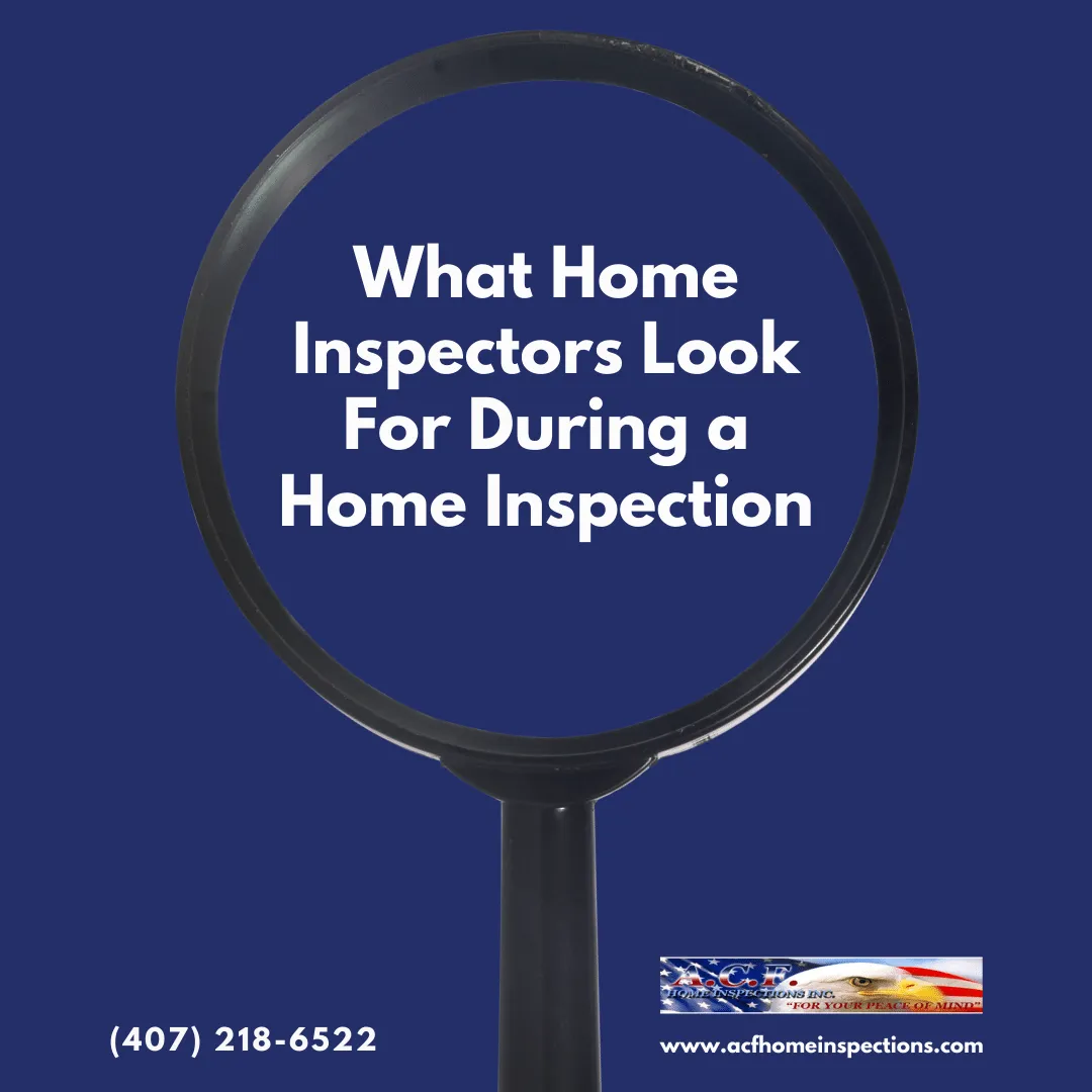 Magnifying glass highlighting the text ‘What Home Inspectors Look For During a Home Inspection’ on a solid blue background