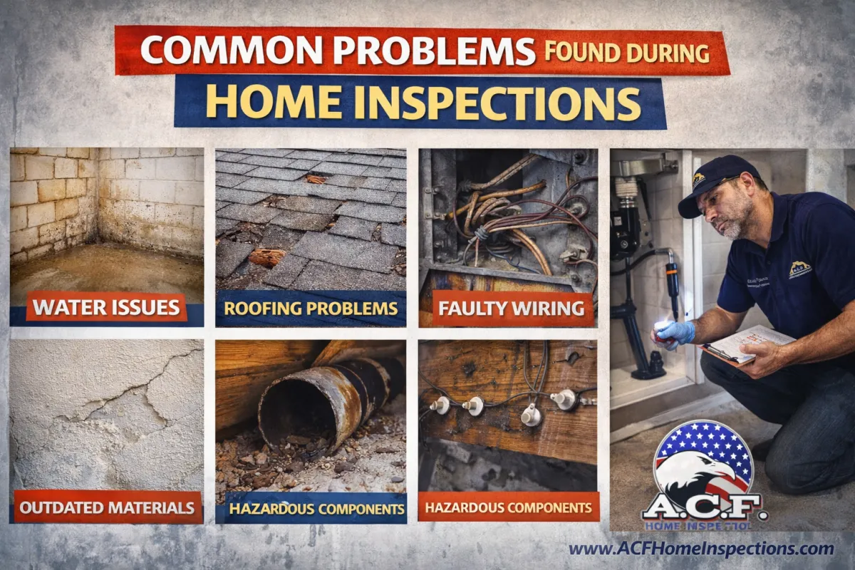 Infographic showing common problems found during home inspections, including water issues, roofing problems, faulty wiring, outdated materials, and hazardous components, with A.C.F. Home Inspections logo.
