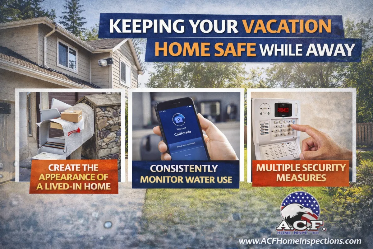 Infographic showing tips for keeping a vacation home safe while away, including making the home appear occupied, monitoring water use, and using security systems, with A.C.F. Home Inspections logo.