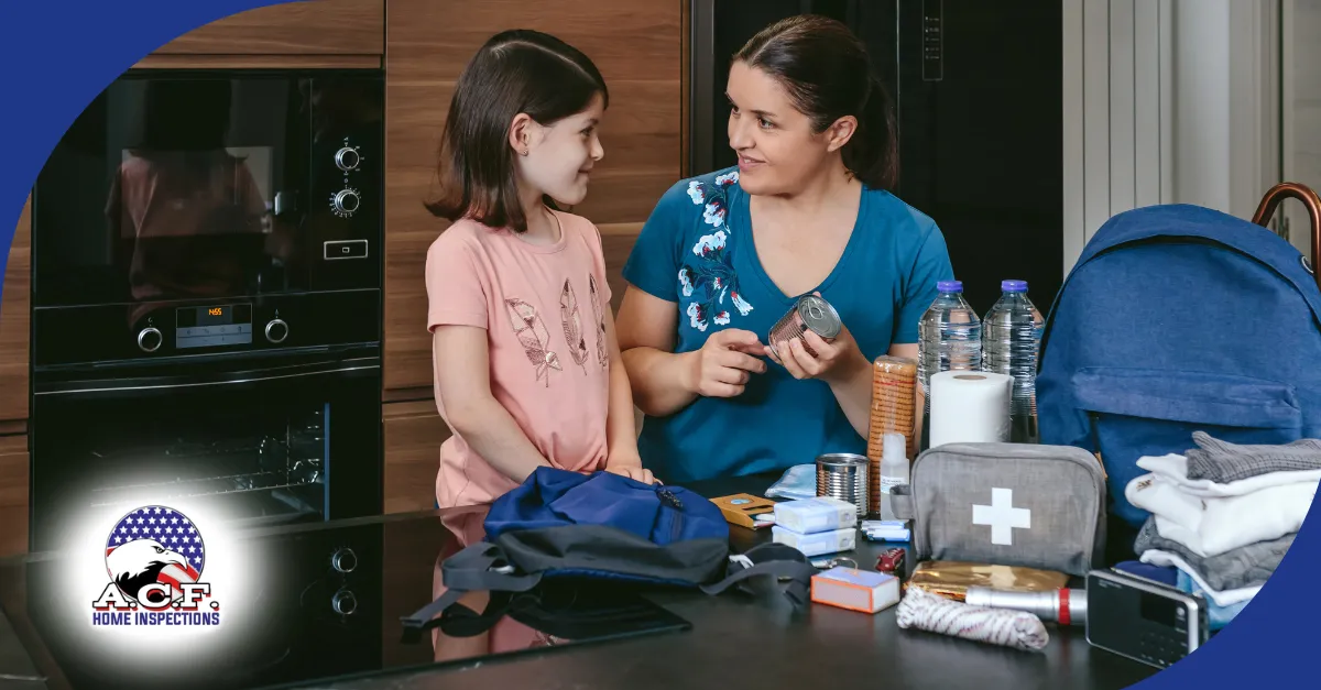 Mother and daughter preparing an emergency kit with food, water, and supplies.