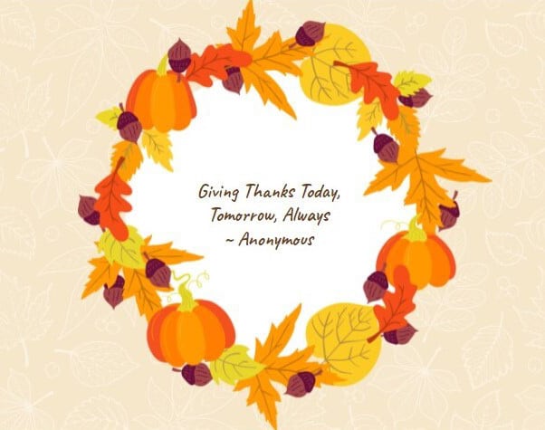 Thanksgiving wreath graphic with autumn leaves and pumpkins used for a holiday greeting post