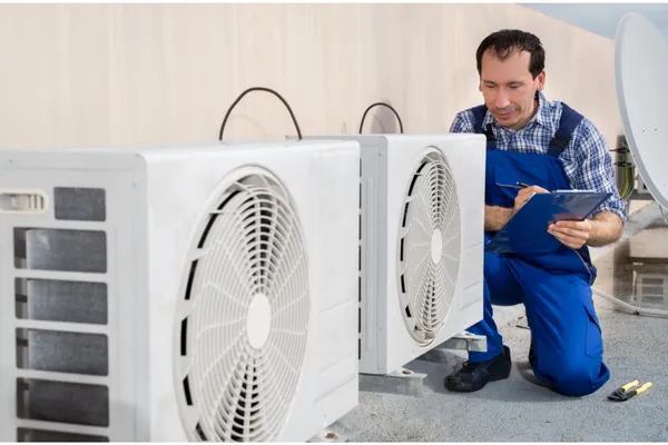Technician inspecting outdoor HVAC units with a clipboard, representing a 4-point Orlando home inspection.