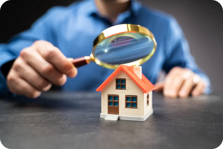 Inspector examining a small model house with a magnifying glass — symbolizing detailed and trusted home inspections in Orlando, FL.