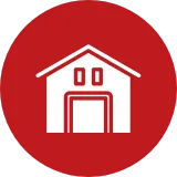Barn-style building symbol inside a red circle, representing inspection of windows, doors, and sealing for air and moisture protection.