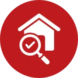 House outline with a magnifying glass symbol, representing inspection of framing, load-bearing walls, and roof structure integrity.