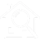 House with magnifying glass icon representing assessment of a home’s foundation and structural stability.