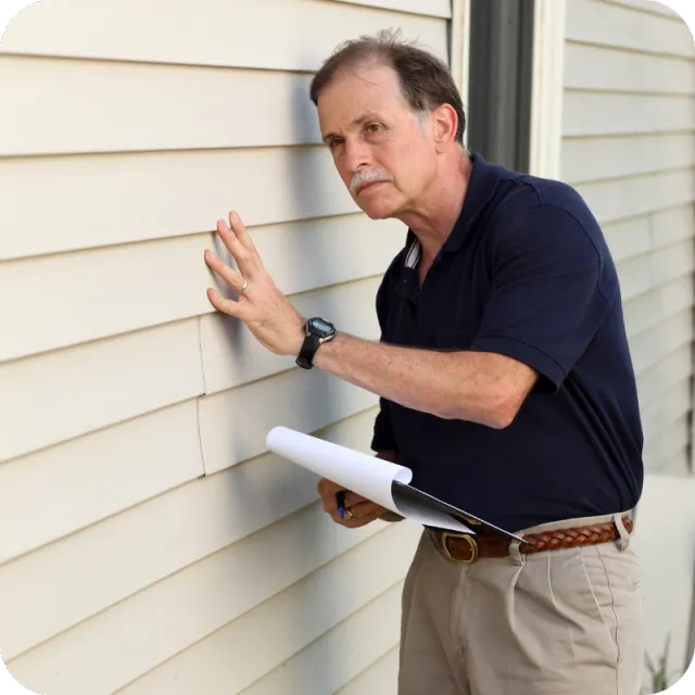 Home inspector examining vinyl siding for defects during an 11-month builder warranty inspection
