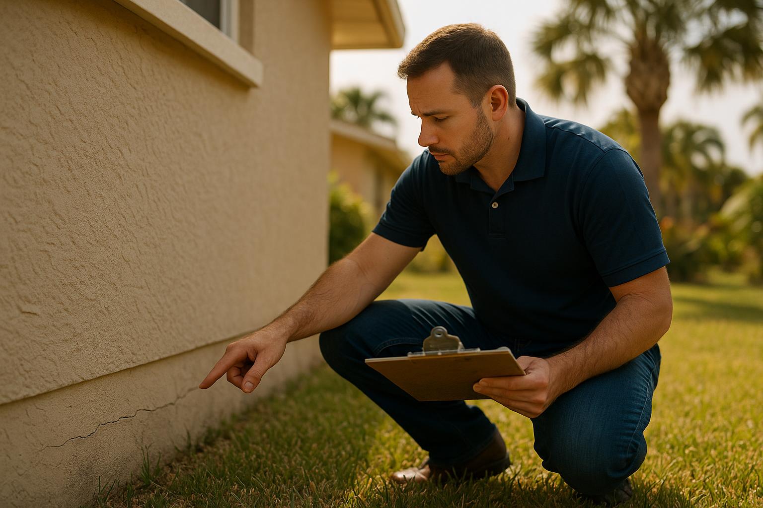 Home inspector examining a foundation crack on the exterior of a Polk County, FL stucco home