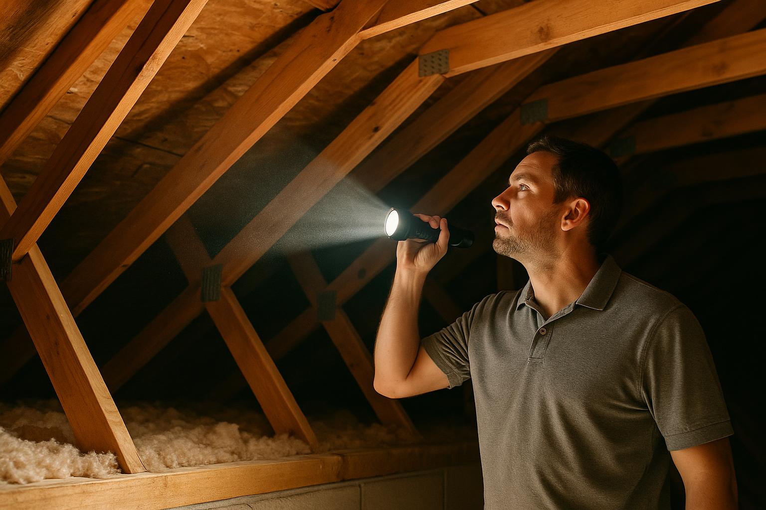 Home inspector checking attic roof trusses and hurricane strap connections in a Polk County, FL home