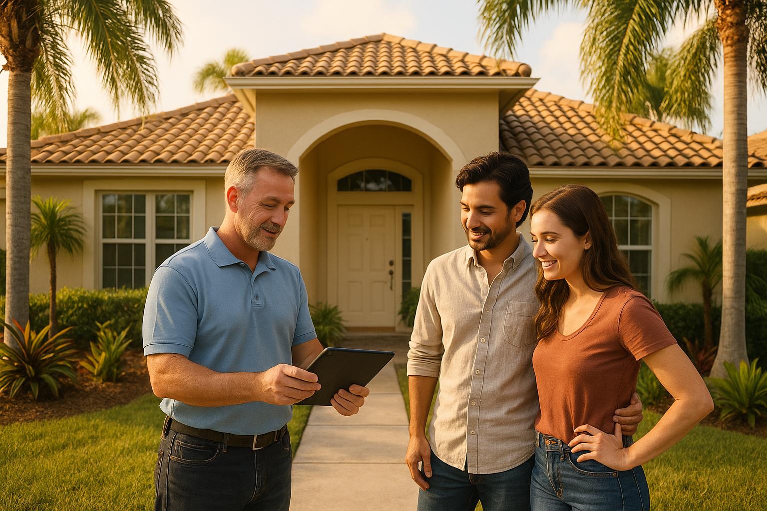 Home inspector reviewing an inspection report with buyers outside a Polk County, FL home