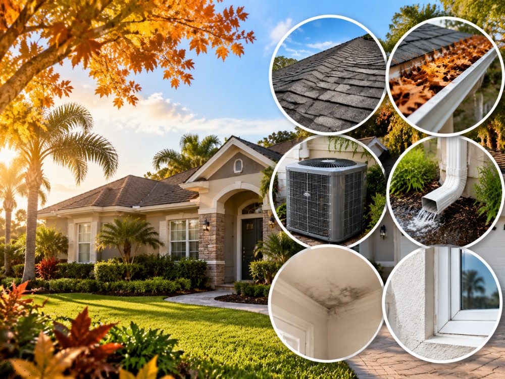 Central Florida home in fall light with close-ups of the October checkup areas: roof shingles, a leaf-filled gutter, the AC condenser, a downspout outlet, a ceiling corner stain and an exterior window seal