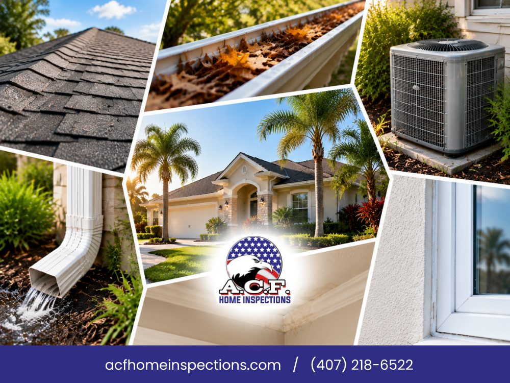 A.C.F. Home Inspections October home checkup collage: a Central Florida home with palm trees surrounded by close-ups of roof shingles, a leaf-filled gutter, an AC condenser, a downspout, a stained ceiling corner and a window frame
