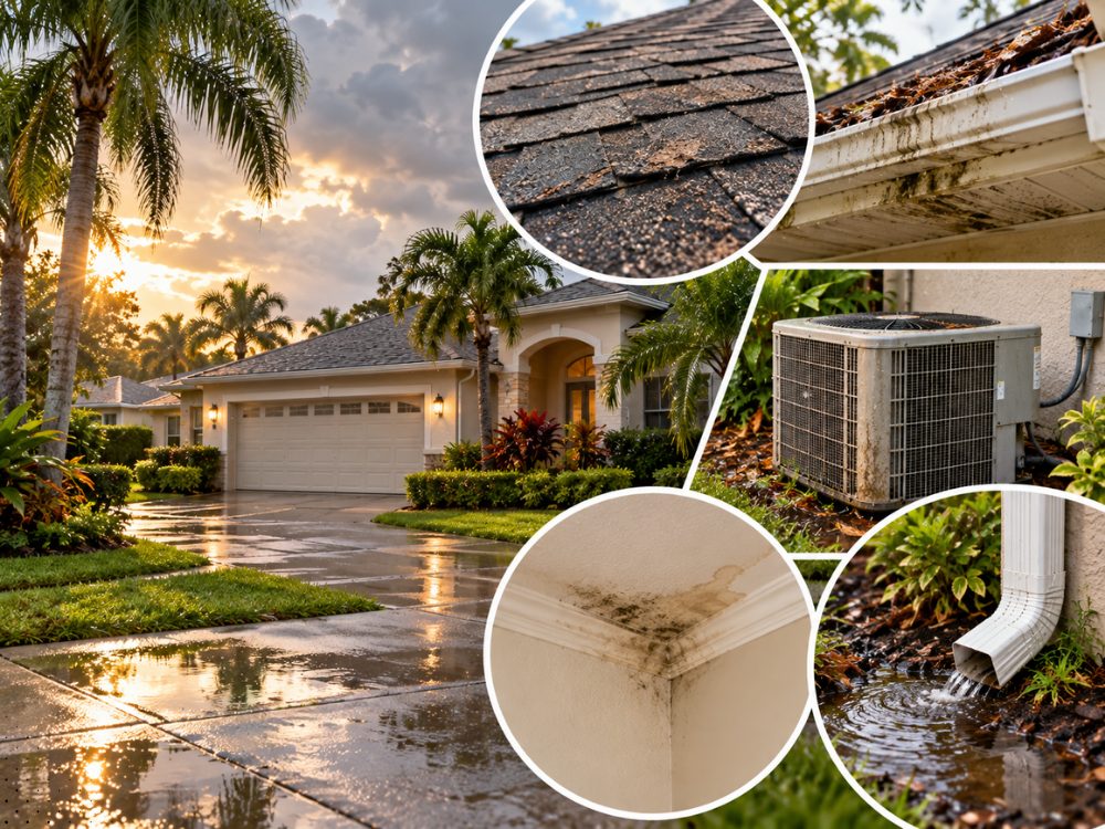Central Florida home on a rain-soaked driveway after storm season, with close-ups of worn roof shingles, a debris-packed gutter, a weathered AC condenser, a water-stained ceiling corner and a downspout pooling water at the foundation
