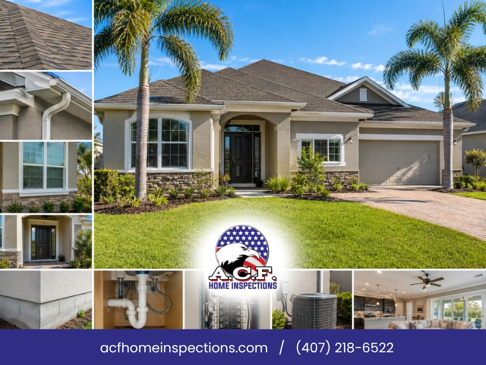 A.C.F. Home Inspections collage: an Orlando-area home with palm trees surrounded by close-ups of the roof, gutters, windows, entry, foundation, plumbing, electrical panel, AC unit and kitchen an inspector reviews