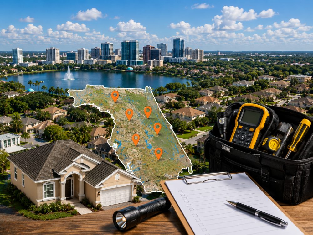 Orlando skyline and lakefront neighborhoods behind a map of Central Florida with service-area pins, an inspector's tool bag, flashlight and clipboard