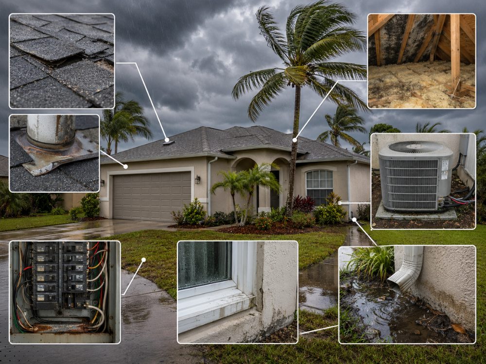 Central Florida home under storm clouds with callouts showing the common fall inspection findings: lifted shingles, rusted roof flashing, attic mold, an aging AC unit, an electrical panel, a stained window sill and a flooded downspout