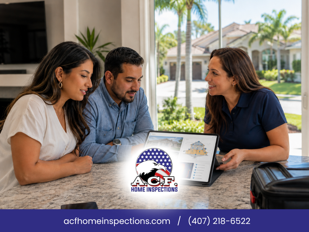 A.C.F. Home Inspections inspector reviewing a home inspection report with buyers outside a Polk County, FL home