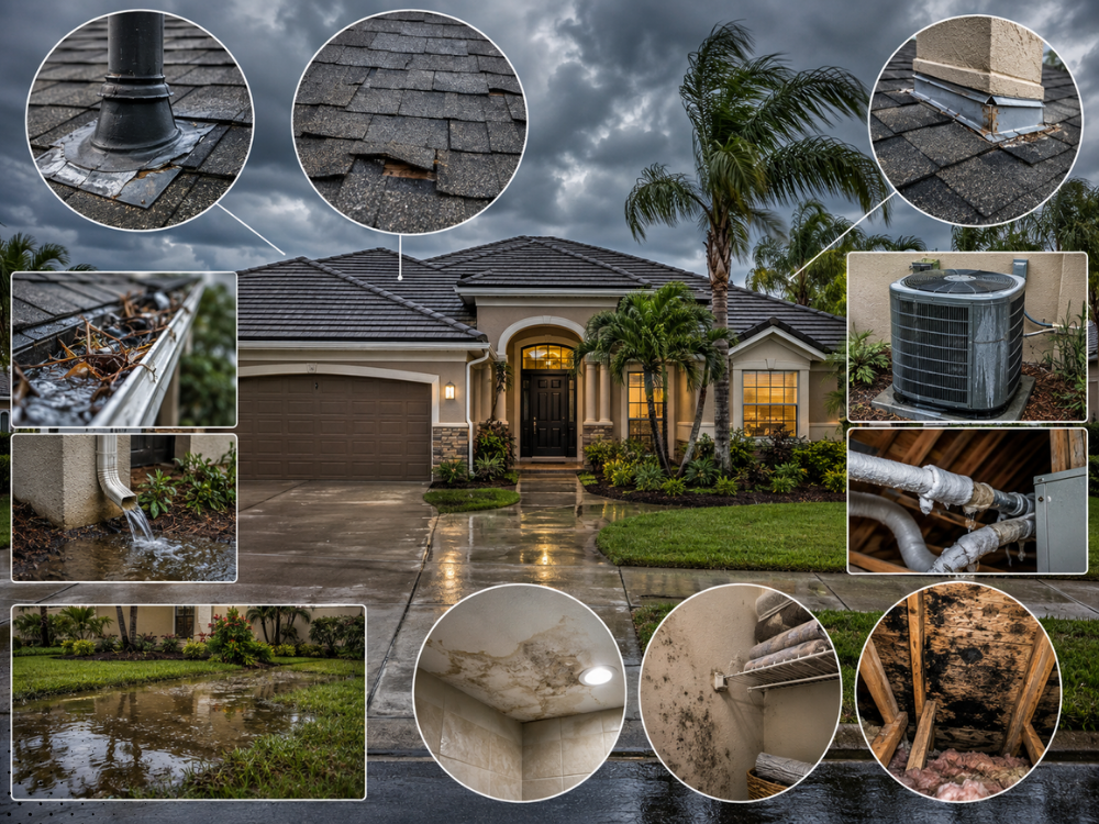 Storm-season inspection points on an Orlando home — roof flashing, damaged shingles, clogged gutters, downspout discharge, AC unit, plumbing, ceiling staining, mold, and yard pooling