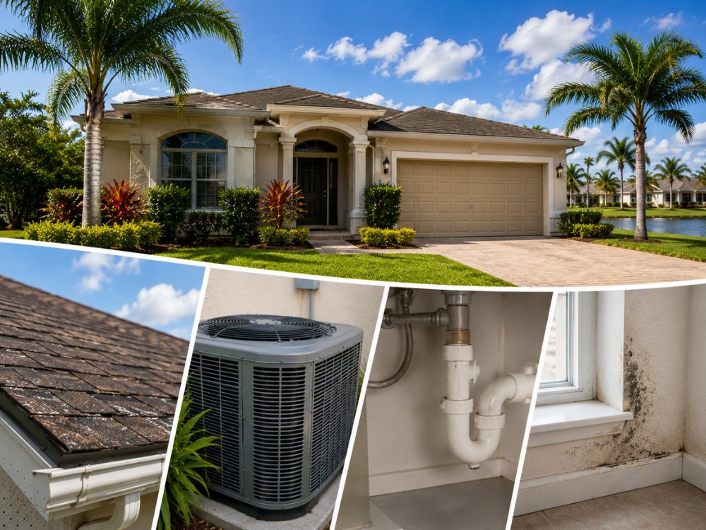 Post-summer home care checklist collage: Central Florida home exterior, worn asphalt shingles, an AC condenser, sink drain plumbing and mold at a window corner