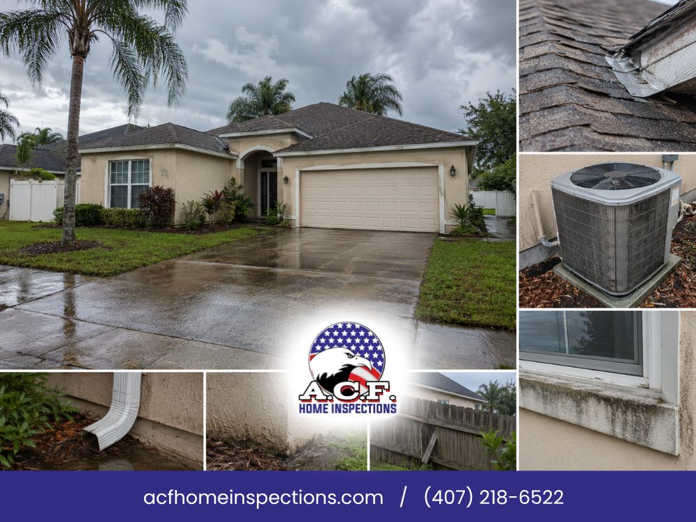 A.C.F. Home Inspections post-summer home care collage: a Central Florida home after a summer storm with close-ups of worn roof shingles, an AC condenser, a downspout, a fence and a window sill