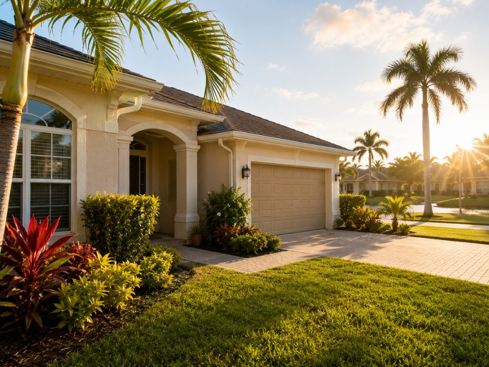 Central Florida stucco home with a tile roof and palm trees in late-summer evening light