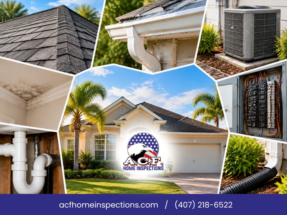 A.C.F. Home Inspections pre-listing inspection collage: a Central Florida stucco home with palm trees surrounded by close-ups of roof shingles, a gutter and downspout, an AC condenser, a ceiling stain, a plumbing trap, an electrical panel and a downspout drain line