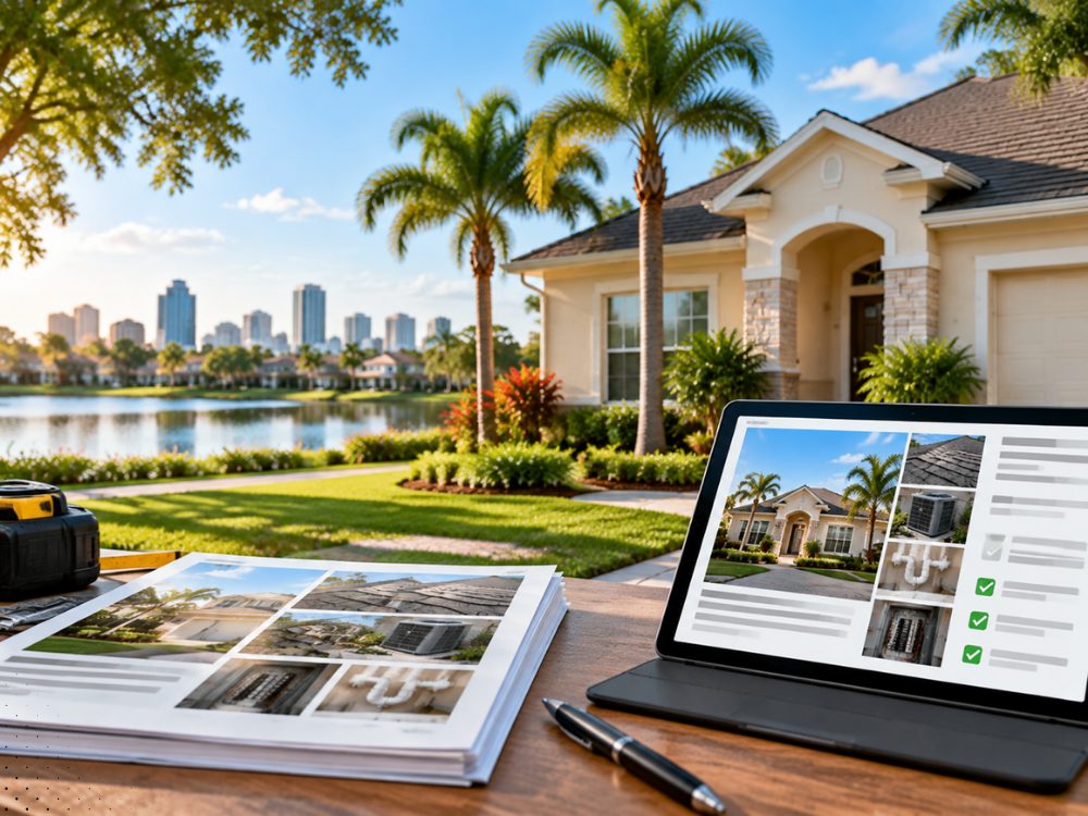 Printed inspection report with photos of a roof, AC condenser, plumbing and electrical panel beside a tablet showing a checklist, on a table in front of a Central Florida home and a lake